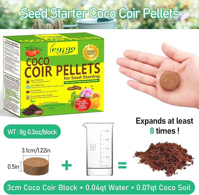 Legigo 100 Pcs 30mm Coco Coir Pellets Seed Starter Soil Mix- Organic Coconut Coir Potting Soil Pods for Seedling, Coco Peat Soil Discs for Indoor & Outdoor Plants Bonsai Herbs Vegetables and Flowers