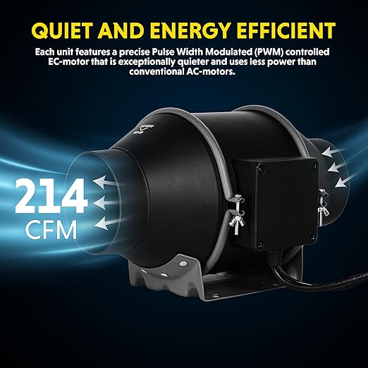 iPower 4 Inch 214 CFM Inline Duct Fan with 10-Speed Controller & Quiet EC Motor, Ventilation Exhaust Fan for Heating Cooling Booster, Hydroponics, Growing Tents, Black
