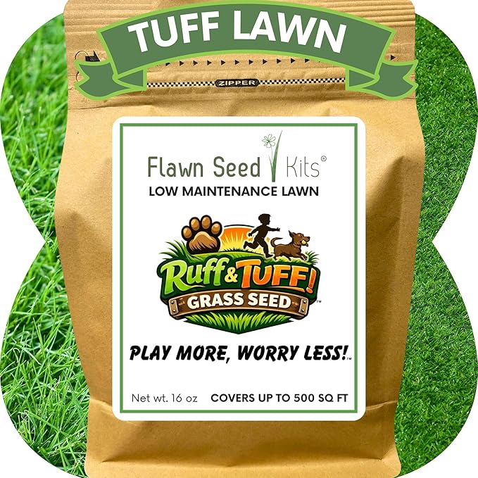 Flawn Seed Kits Ruff and Tuff Mow Less Fescue Grass Seed, 1 Lb, Low Maintenance, Family Friendly, Drought Tolerant, Covers up to 500 sq ft