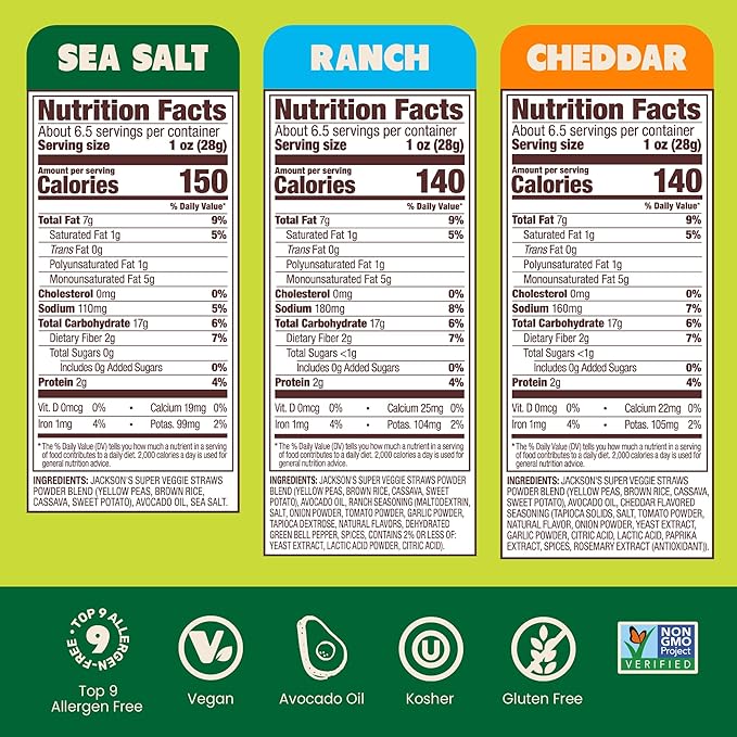Jackson’s Super Veggie Straws Variety Pack (6.5 oz, Pack of 6) – Ranch, Cheddar, Sea Salt – Gluten Free, Made with Premium Avocado Oil, Veggie Chips, Snack Variety Pack, Veggie Straws Individual Bags