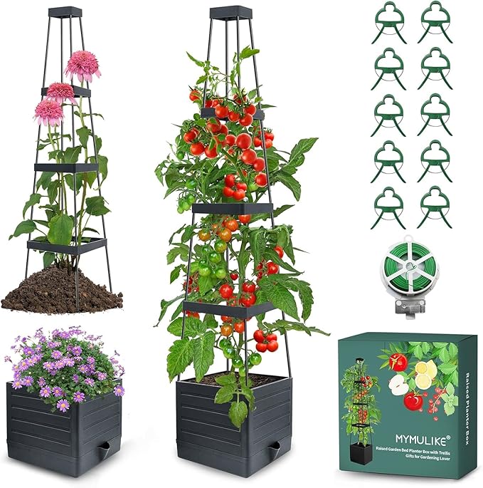 MYMULIKE Self-Watering Garden Bed, Raised Garden Bed Planter Box Outdoor, 58” Tomato Cage Planter for Vegetables, Flowers, Herbs, and Fruit, Outdoor Indoor,5 Gallon Capacity