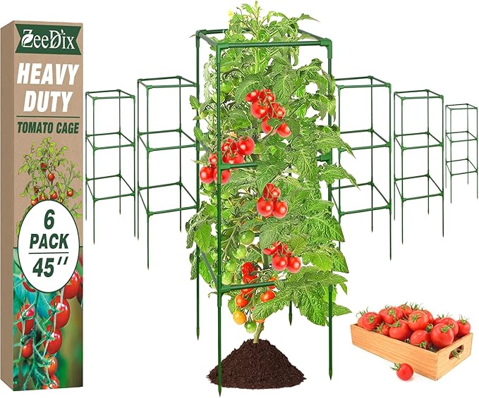 ZeeDix 6 Pack Heavy Duty Tomato Cages for Garden 45 Inches, Square Adjustable Tomato Trellis Cage Climbing Plant Support Trellis Plant Cages for Climbing Vegetables Flowers with 40Pcs Clips