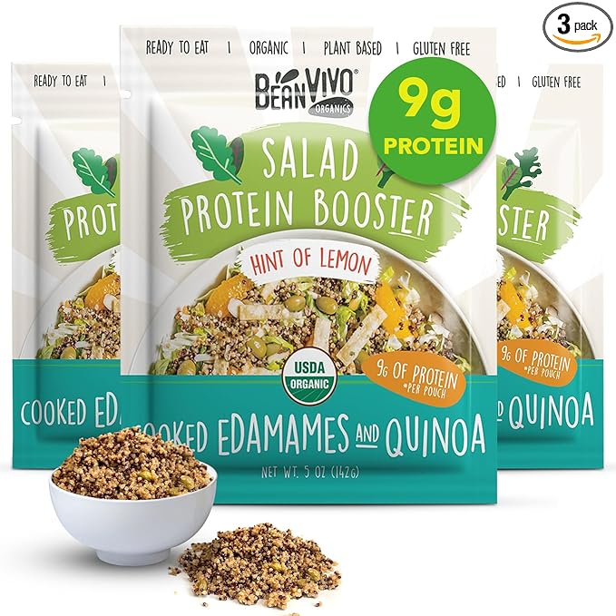 BeanVIVO 3-Pack Salad Protein Booster - Organic cooked Edamame & Quinoa Hint of lemon delivering a burst of taste and 9g of protein-packed goodness in every pouch 5oz