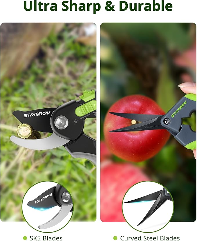 Gardening Scissors, Sharp Plant Trimming Scissors for Precise Cuts, Stainless Steel Pruning Shears Bonsai Clippers, 8.5" Bypass Garden Clippers and 6.5" Curved Garden Shears 2 Pack