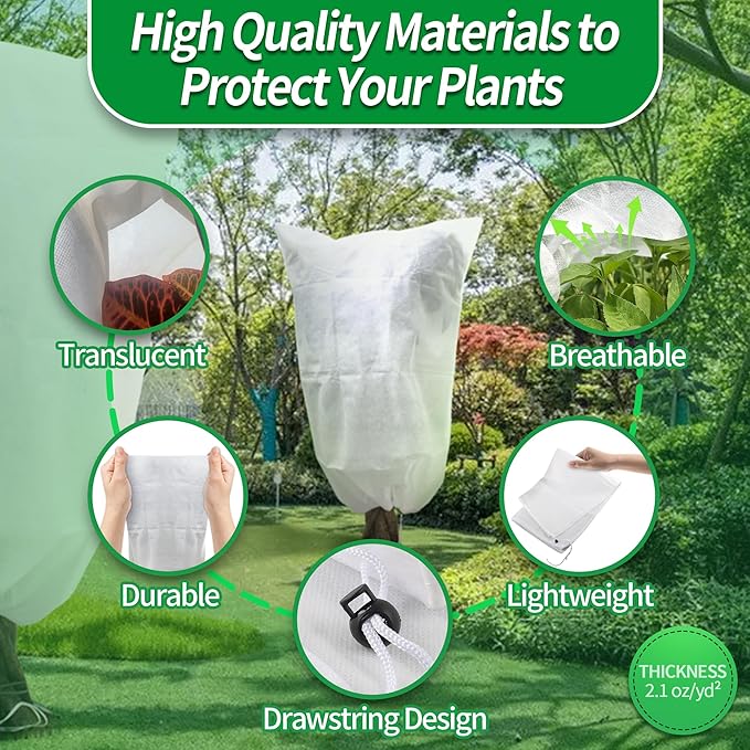 Avalution Plant Covers Freeze Protection, 5 Packs Frost Cloths for Outdoor Plants, 32" X40" Reusable Frost Blankets, 2.2oz Tree Cover Freeze Protection Drawstring Bags for Potted Shrub