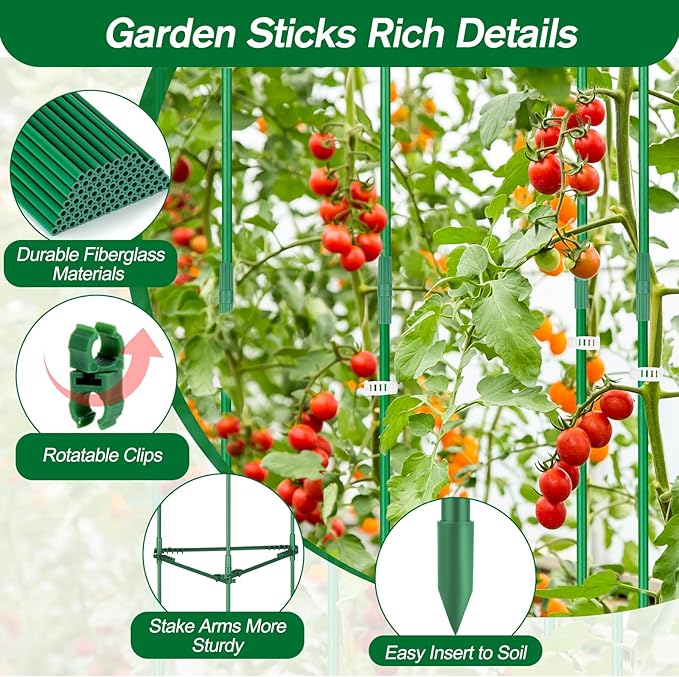 310PCS Garden Stakes Set with 100PCS 16 Inch Fiberglass Plant Sticks and Stake Arms, DIY 4ft 5ft 6ft 7ft 8ft Tomato Stakes, Garden Stakes for Vegetables, Tomato Pepper, Indoor Outdoor Plants