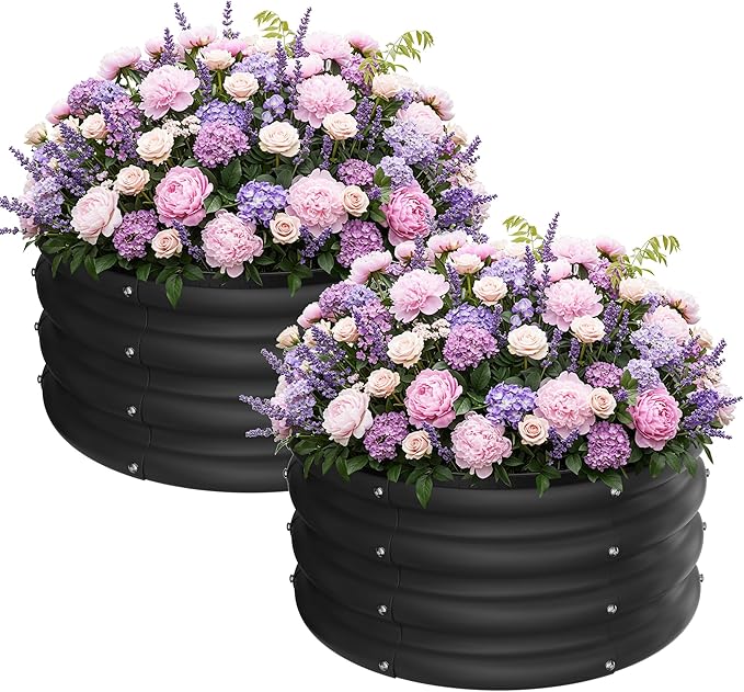 ZXZYHFTY Raised Garden Bed, 0.6 mm Galvanized Steel Round Planter Box with Open Bottom, Black, 2 x 2 x 1 FT, 2 Pack