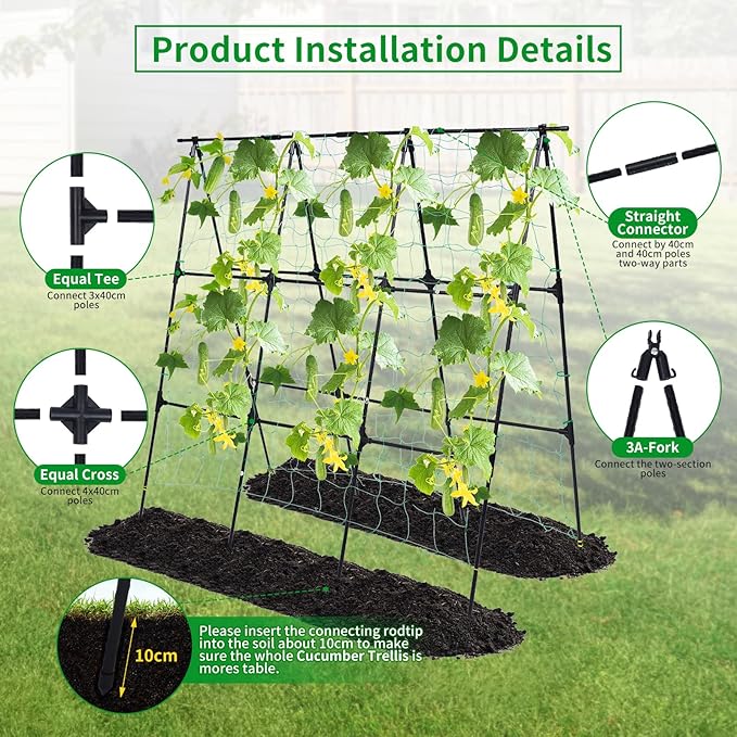Garden Cucumber Trellis for Climbing Plants Outdoor, 50x48 inch A Frame Cucumber Trellis for Garden Raised Bed, Plant Support for Vegetable Vine Pea Bean, with Netting, Black