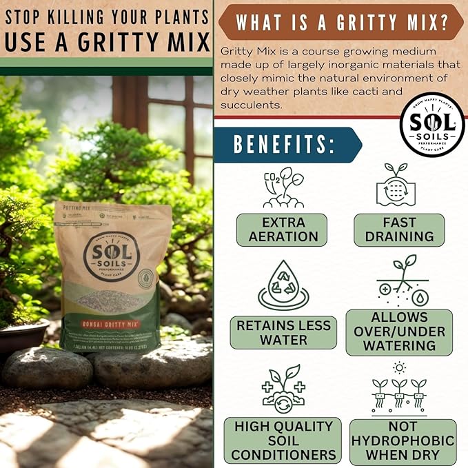 Sol Soils Bonsai Potting Mix - Fast Draining, Gritty, Peat Moss Free - 1 Quart - Pine Bark, Granite, Pumice, Calcined Clay