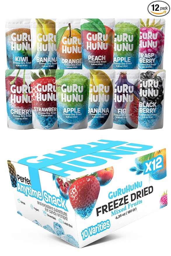 GURU HUNU Freeze Dried Fruit Mix 12 Individual Packs Healthy Fruit Snacks - Variety Pack Dehydrated Fruit Chips Camping Snacks Mixed Fruit - Bulk Dried Fruit No Sugar Added, Dry Fruit Snacks Healthy Gift