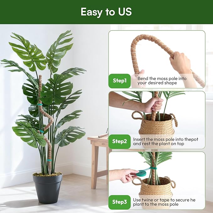 2 Pack 28'' Bendable Moss Pole Monstera Plant Support for Indoor Climbing Plants, Tall Plant Stick Support Stake for Potted Plants, Pothos, Philodendron
