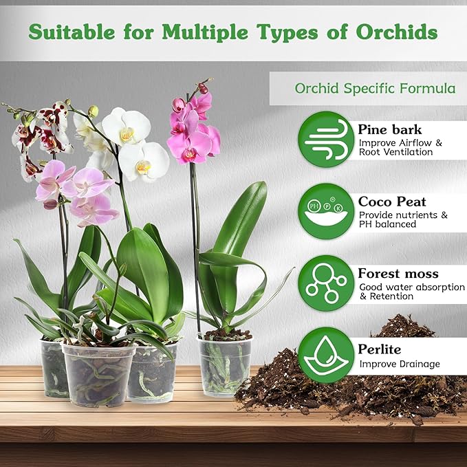 Orchid Potting Mix for Repotting, Mixture of Moss Pine Bark Coco Peat and Perlite, Orchid Bark Potting Mix, Good Drainage - 1QT
