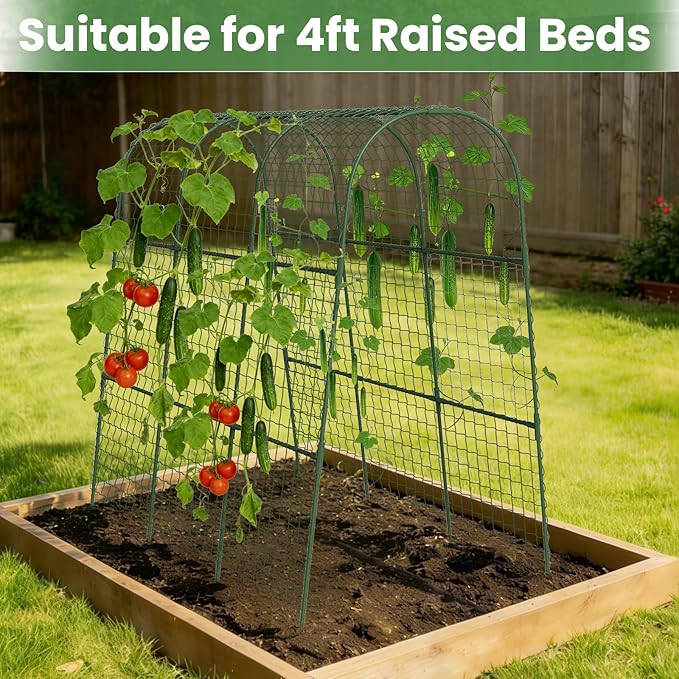Cucumber Trellis, Metal Garden Arch Trellis for Raised Bed, 48 x 48inch U-Shape Garden Trellis for Climbing Plants Outdoor, Vegetables Fruit Plant Support with Netting, Gardening Supplies (Green)