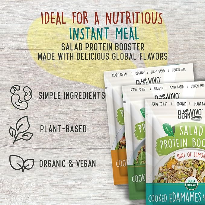 BeanVIVO - Variety 6 Pack Salad Protein Boosters - Seasoned, Garlic & Herbs, Edamame - Delivering a burst of taste and 10g of protein-packed goodness in every pouch 5oz pouches each