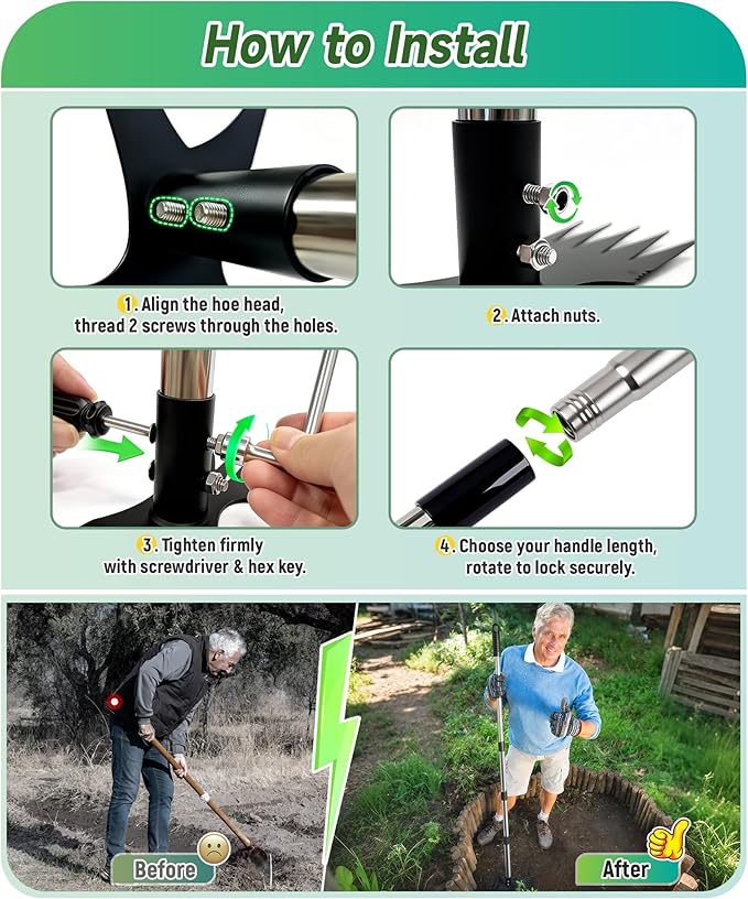 71in Weed Puller Tool with Long Handle, 2 in 1 Adjustable Manual Weeders for Uprooting, Heavy Duty Hand Weed Rake and Garden Hoe with Gloves for Gardens, Lawns, Yards