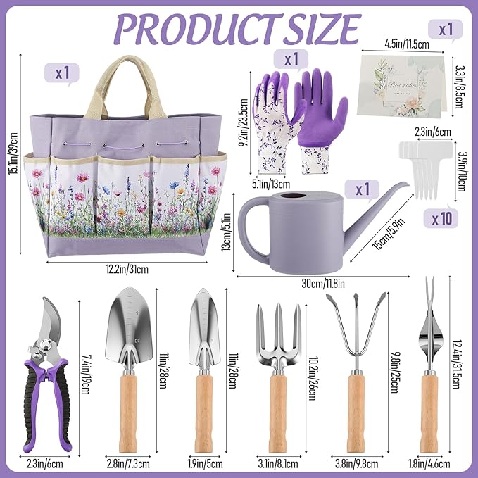 21 Piece Gardening Gifts for Women Heavy-Duty Gardening Tools Set for Wife Grandma Garden Kit Hand Tools with Purple Floral Tote Bag Water Can Gloves Garden Accessories Supplies Items