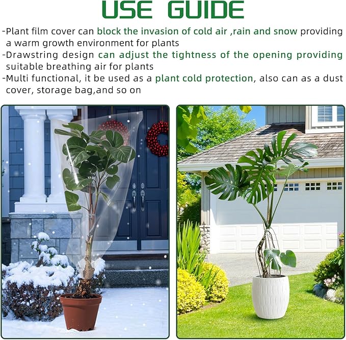 4 PCS Winter Plant Film Covers with Drawstring-31.5" x 39.4" Transparent Freeze Protection Bag Clear Plastic Plant Shelter Waterproof Coverings for Outdoor Garden Plant Rain Snow Frost Protection