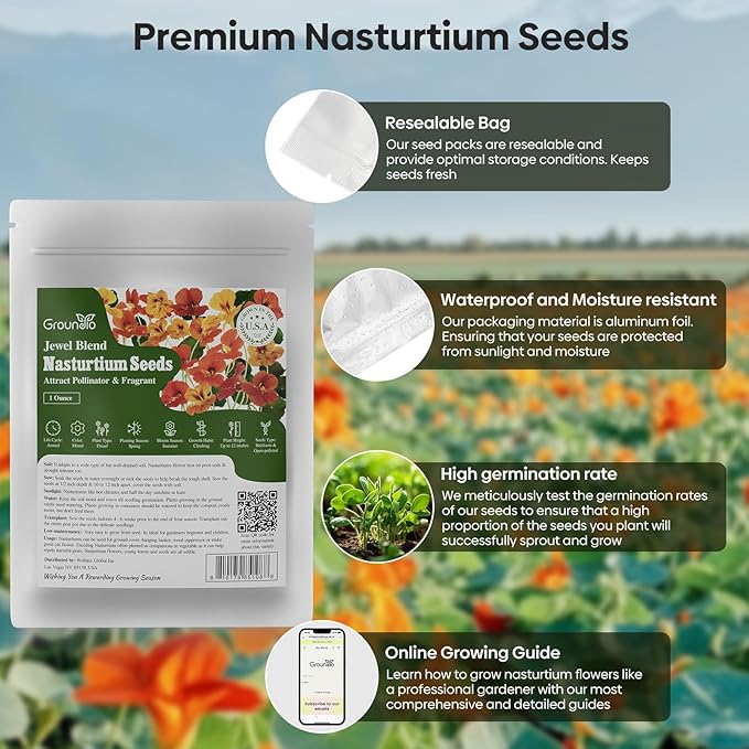 Groundio Nasturtium Seeds, 1 OZ, 3 Colors, Climbing Nasturtium, Edible Flower, Mixed Annual Flower Seeds for Planting Outdoors, Attract Poillinators (Orange, Red, Yellow)