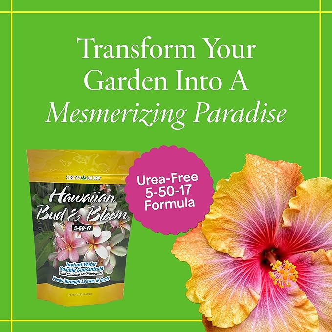 Grow More Urea-Free Hawaiian Bud and Bloom 5-50-17 Fertilizer - 3lbs of Water Soluble Bloom Booster Fertilizer for Flowers - High Phosphorus Flower Food for Enhanced Bud Formation & Vigorous Blooms