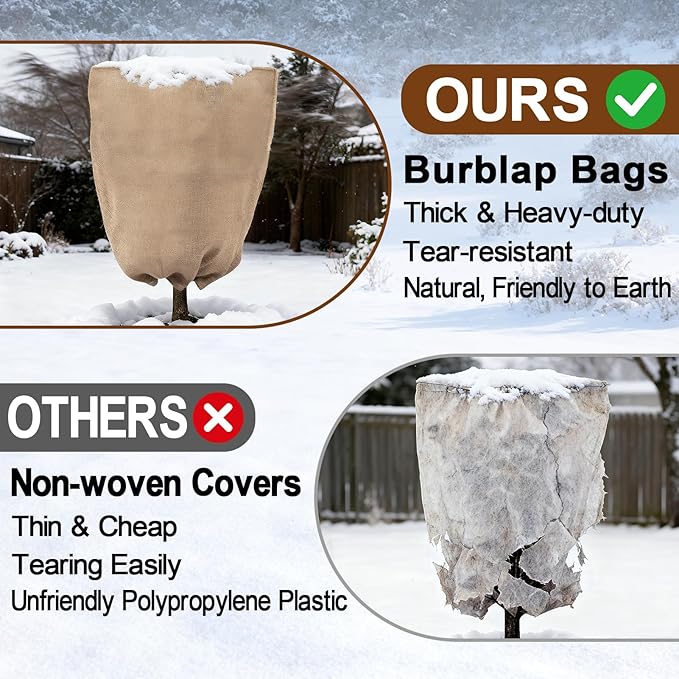 ANPHSIN Burlap Plant Covers Freeze Protection for Patio Winterizing - 2pcs 32"×40" Winter Frost Protector with Drawstring, Reusable Tree Freeze Blanket for Garden Bushes