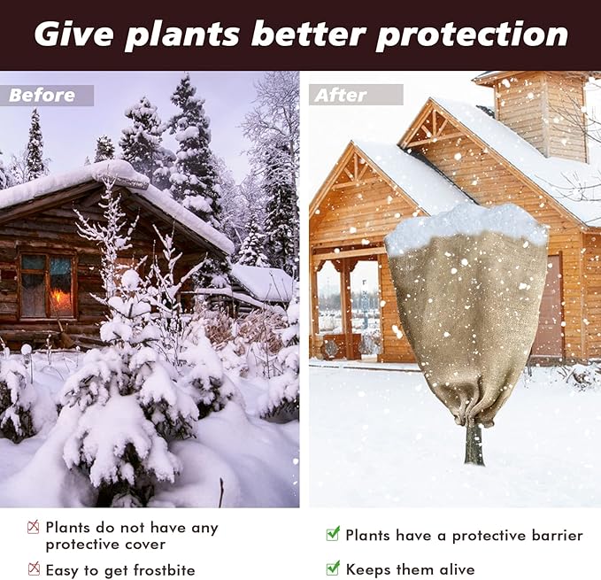 6 Pack 24” × 40” Burlap Winter Plant Cover Bags - Plant Covers Frost Protector with Drawstring Plant Covers Freeze Protection Frost Blankets Shrub Jacket，Freeze Blanket for Outdoor Plants Fruit Tree