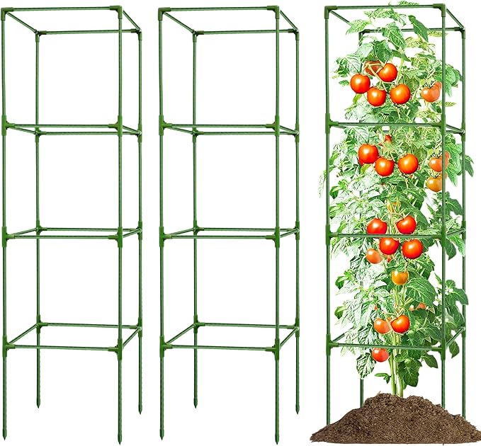 3 Pack Square Tomato Cages for Garden - 56 Inch Heavy Duty Tomato Plant Support Stakes, Sturdy Metal Core with Rust-Resistant Coating, Tomato Trellis for Raised Beds