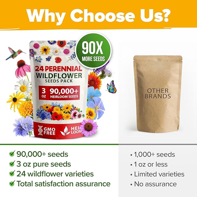 HOME GROWN 90,000+ Wildflower Seeds Mix 3oz 24 Varieties Non-GMO Perennial Flower Seeds for Planting Outdoors Butterfly & Pollinator Flower Mix Attract Bees Birds & Hummingbirds