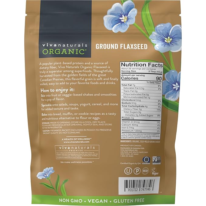 Viva Naturals Organic Ground Flaxseed, 15 oz (425 g) – Plant-Based Protein, Vegan Omega-3 & Fiber, Finely Milled Flax Seeds, Perfect for Smoothies & Baking