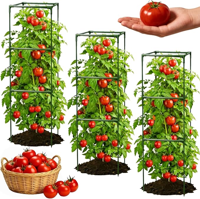 3 Pack Square Tomato Cages for Garden, 48 Inch Tall Heavy Duty Metal Tomato Plant Support Trellis, Adjustable Large Tomato Stakes for Outdoor Pots Climbing Plants, Vegetables, Cucumber
