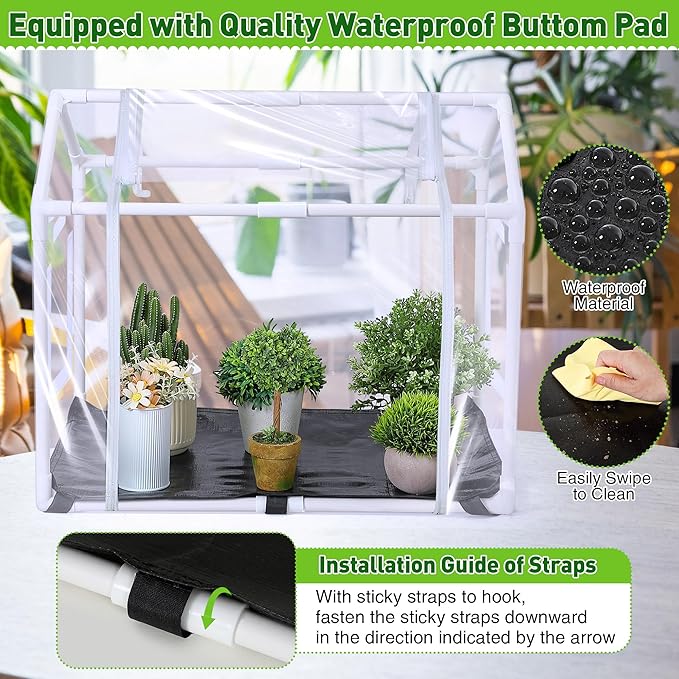 Mini Greenhouse with Potting Mat for Indoor Plant, Heavy Duty Portable Green House with Waterproof Pot Pad for Small Plants, Clear Small Plant Tent for Seed Humidity(White)
