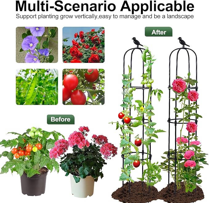 Lalahoni Garden Obelisk Trellis for Climbing Plants Outdoor, 6ft Round Rose Trellis for Pots, Metal Plant Support for Clematis, Jasmine, Ivy, Decorative Outdoor Trellis, Black, 1 Pack
