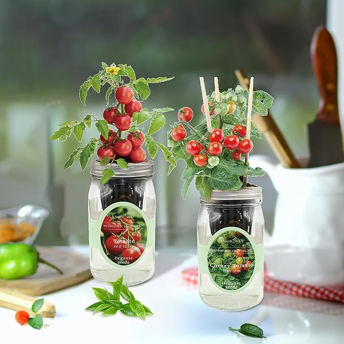 2-Pack Hydroponic Mason Jar Herb Garden Kit, Indoor Herb Garden Self-Watering Starter Kit, New Christmas Gift for Mom (Cherry Tomato,Red Robin Tmato)