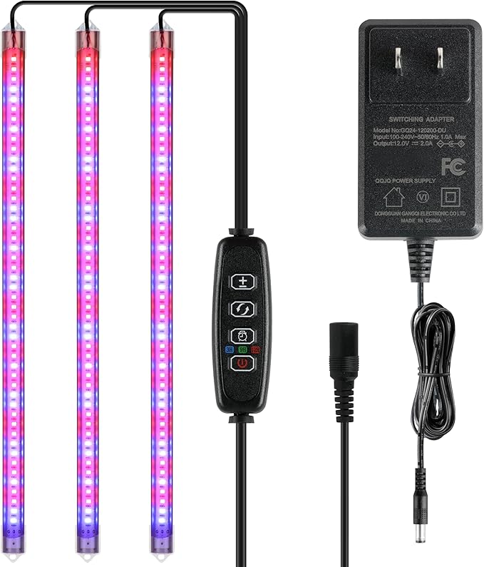 iPower 40W Full Spectrum LED Plant Grow Light Strips for Indoor Plants with Auto ON/Off 3/9/12H Timer, 10 Dimmable Levels 48 LEDs Per Tude, for Hydroponics Succulent, 3 Tubes, Red&Blue
