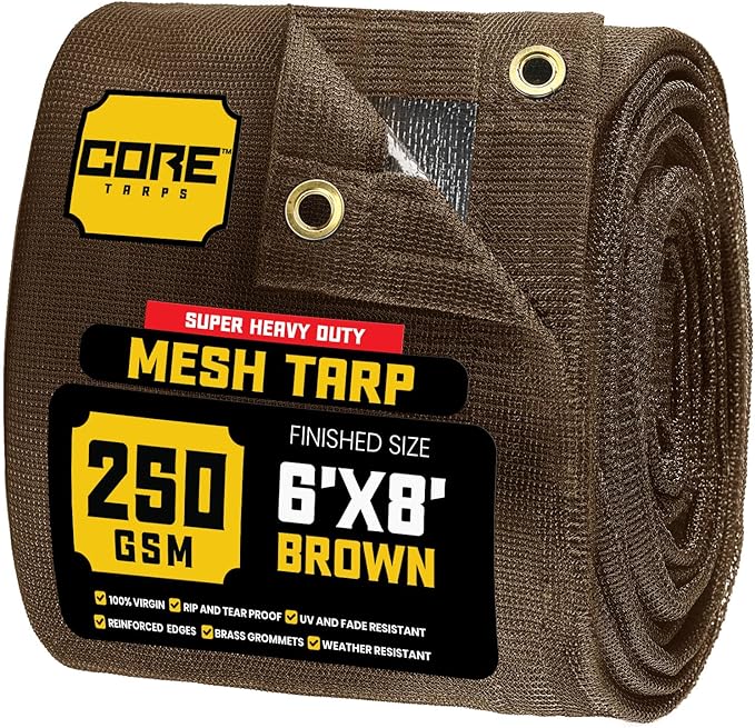 Core Tarps 60% Brown Shade Cloth with Grommets - 6 X 8 FT Heavy Duty Mesh Tarp - Sun Shade Cloth for Garden Vegetables Plants Greenhouse Outdoors Backyard Fences Dump Trucks Patio Mesh Shade Tarp