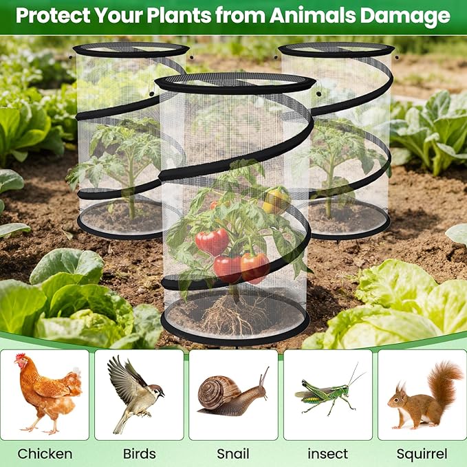 Erinaik 4 Pack Pop up Plant Guard Covers Tent from Animals White, 19.6" x 11.8" Foldable Plant Protectors Mesh Net, Garden Plant Enclosure Protection Cage with Stakes & Carry Bag for Outdoor Plants