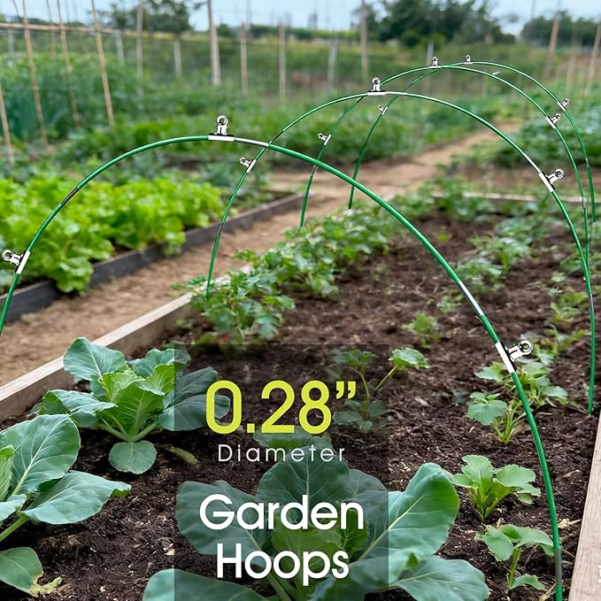 RIFNY 48 PCS Garden Hoops for Raised Beds, Greenhouse Hoops Kit Long Grow Tunnel for Row Cover, Rust-Free Fiberglass Garden Support Poles for Insect Mesh Netting Freeze Plant Cover (Green)