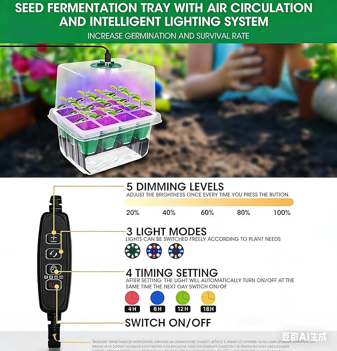 Seed Starter Tray with Grow Light,5 Pack 60 Cells Seedling Tray Kit Reusable & Dishwasher Safe for Starting Vegetable, Flower & Herb Seeds Indoor Grow Kit for Deep-Rooted Seedlings