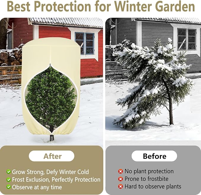 2 Pack Rounded Top Plant Covers Freeze Protection for Winter, Plant Covers for Winter, 47" X 72" Tree Frost Protection Blankets Outdoor With Zipper/Drawstring, for Shrub Bush Fruit Tree Potte(Beige)