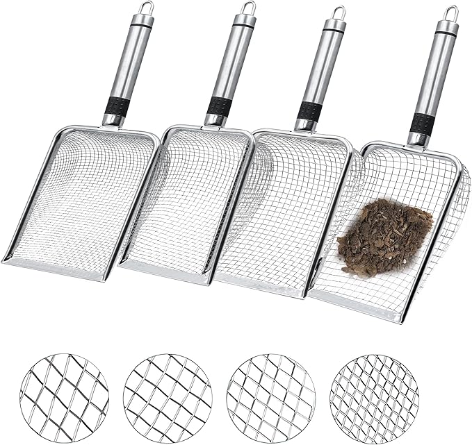 4Pcs Soil Sifter for Gardening, Mesh Stainless Steel Sieve Sifter with Handle(2/2.8/3.8/5mm), Portable Garden Sifter for Soil Rocks Sand Compost Dirt