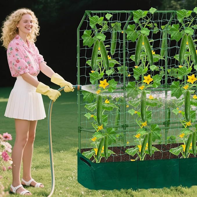 A-Frame Cucumber Trellis - 65 in (H) X 50 in (L) Supports Climbing Plants with Rectangle Raised Bed, Durable Garden Trellis for Outdoor Supporting Cucumbers Peas Vines, Includes Clips & Netting