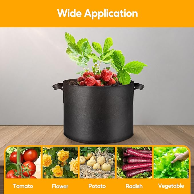 Simple Deluxe Grow Bags 5 Gallon 5 Pack Planter Pots with Handles, Thickened Nonwoven Fabric Aeration Cloth Bag, Heavy Duty Gardening for Tomoato, Potato, Vegetable, Herbs and Flowers, Black