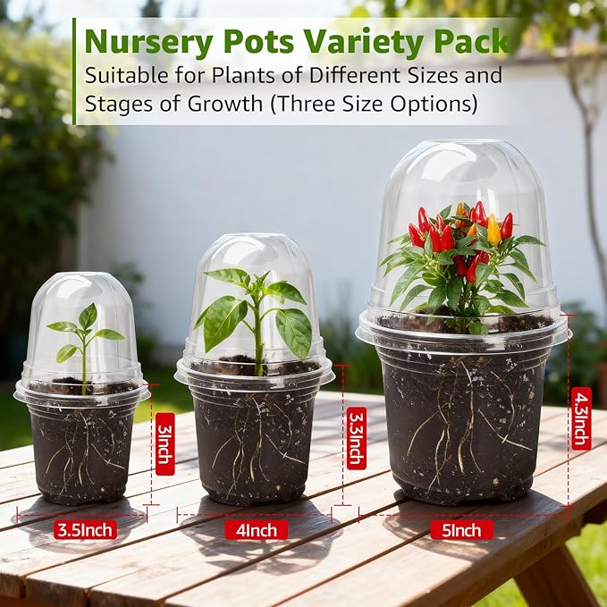 MIXC Clear Nursery Pots with Humidity Domes, 5/4/3.5 Inch Reinforced Transparent Plastic Pots for Planting with Drainage Holes for Seedlings, 30 Pack