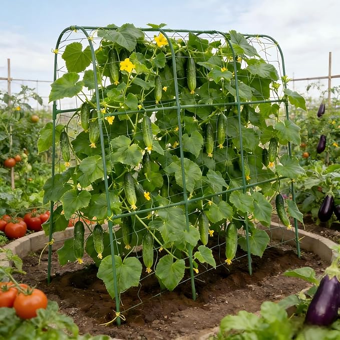 Cucumber Trellis for Climbing Plants Outdoors, U-Shape Garden Trellis for Raised Bed with Netting, Plant Support Structures for Vegetables, Grape, Bean, Tomato, Vines, 48 * 46 inch, Green