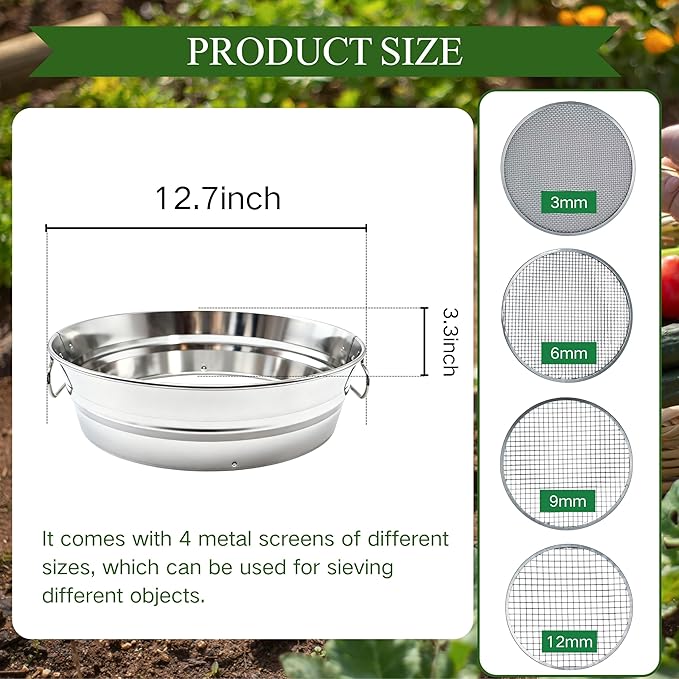 Soil Sifter for Gardening with Handles, Rock Sifter Fits 5 Gallon Bucket with 4 Replaceable Screens, Compost Sifter Dirt Sifter, Captures Dirt Rocks Sawdust