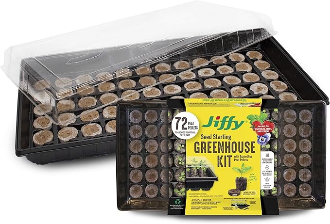 Jiffy Plant Germination Tray Kit - 72 Cell Seedling Starter Trays, SUPERthrive, Labels - 2 Pack, 144 Pellets Total - Plastic