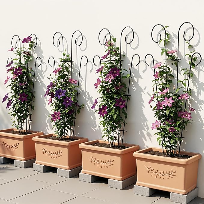 4 Pack 43 Inch Plant Trellis for Potted Plants, Metal Garden Trellis for Climbing Plants, Indoor Outdoor Decorative Vine Support for Pots, Wave Shape, Black