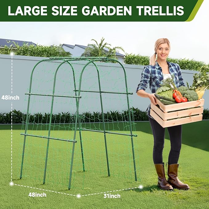 HIRALIY Cucumber Trellis for Climbing Plants Outdoor, 4ft Tall Heavy Duty Metal Garden Arch Trellis, Rustproof Plant Support Tunnel for Tomato, Grape, Bean, Raised Bed and Vegetable Gardens, Green