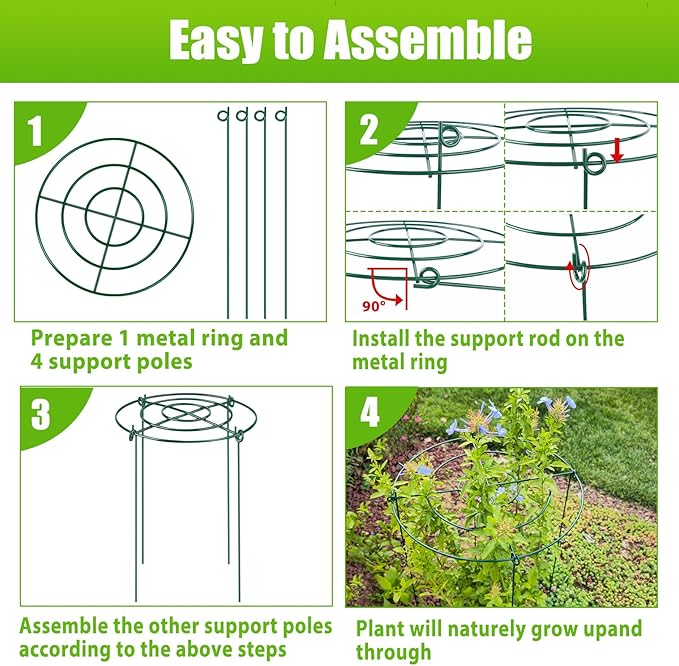 4 Pack Peony Cages and Supports, 14" Dx24 H Plant Supports for Outdoor Plants, Heavy Duty Metal Peony Support Cage Flower Support Rings, Plant Support Ring for Rose Tomato Hydrangea Strawberry