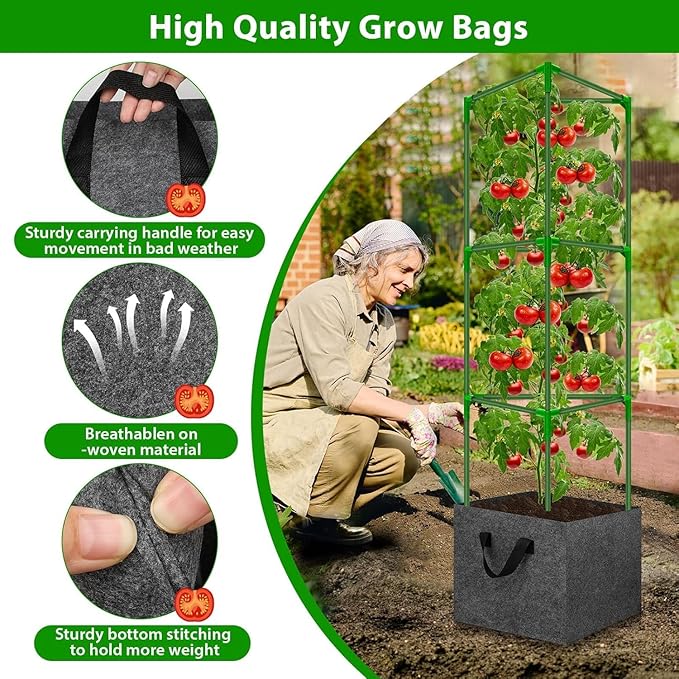Tomato Cages for Garden with 3 Grow Bags 10 Gallons, 3 Pack Metal Tomato Cage Trellis, Garden Cage Heavy Duty Tomato Stake Support