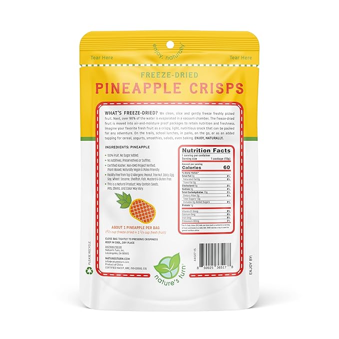 Nature’s Turn Freeze-Dried Pineapple Crisps – Healthy, Gluten-Free, Crispy & Delicious, Plant-Based Snack, Ideal for Cereal, Smoothies, School Lunches, & On-the-Go, Bags of 12 (0.53 oz Each)